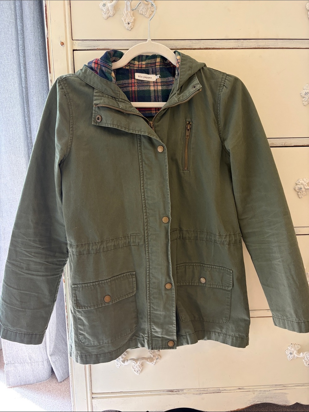 Blu Pepper Women’s Hooded Jacket with Plaid Trim